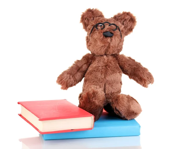 Sedící medvěd hračka s knihami izolované na bílém — Stock fotografie