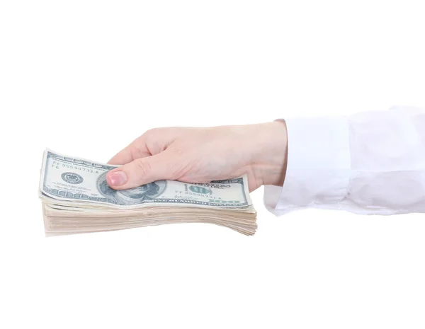 Американские доллары в женской руке на белом фоне — стоковое фото