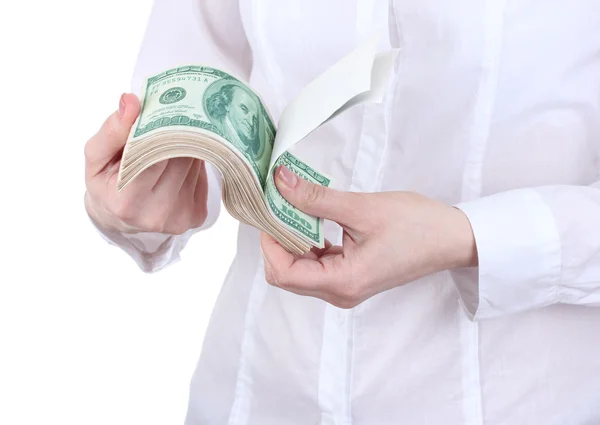Fake amerikanska dollar i en kvinna händer på vit bakgrund — Stockfoto