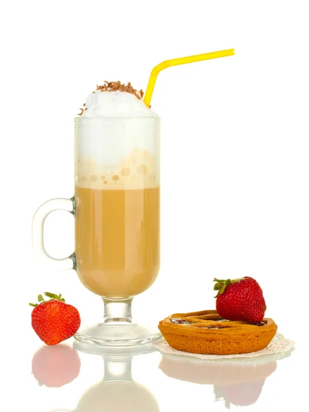 Glass of coffee cocktail with tart on doily and strawberry isolated on white — Stock Photo, Image
