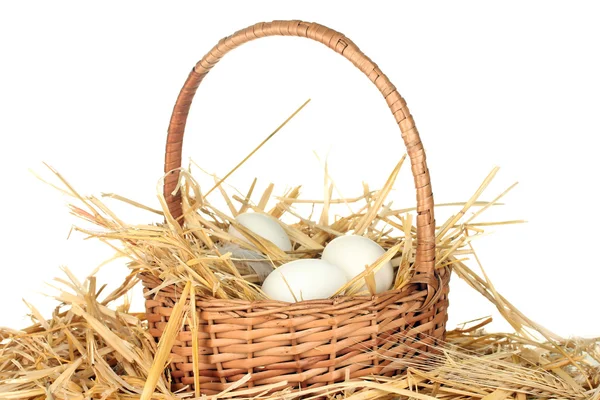 Ovos brancos em uma cesta de vime na palha no fundo branco — Fotografia de Stock
