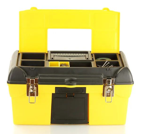 Caja de herramientas de color amarillo abierto aislado en primer plano blanco — Foto de Stock