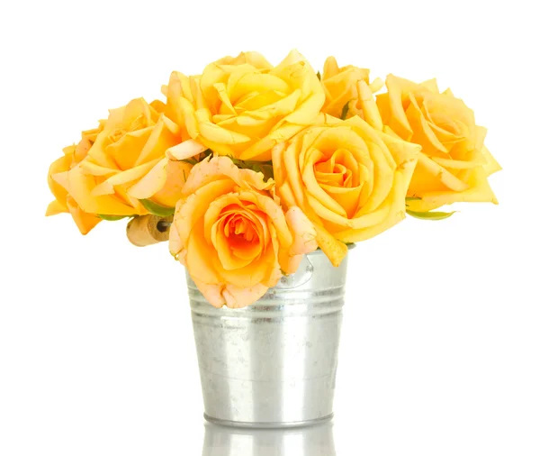 Krásnou kytici růží v kbelíku izolovaných na bílém — Stock fotografie