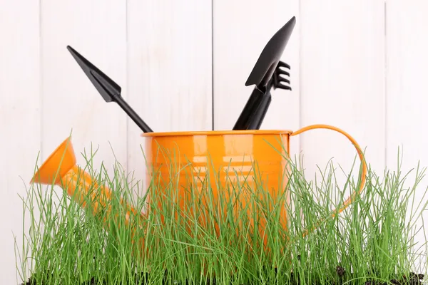 Verde hierba y herramientas de jardín sobre fondo de madera — Foto de Stock