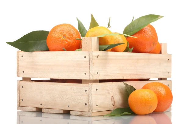 Dojrzałe smaczny mandarynki z liści w drewniane pudełko na białym tle — Zdjęcie stockowe