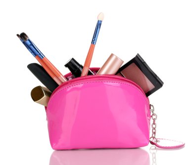 Make up bag with cosmetics and brushes isolated on white clipart