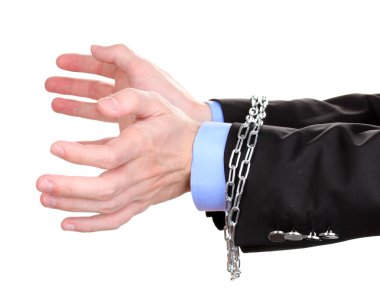 Businessman hands fettered with chain isolated on white clipart