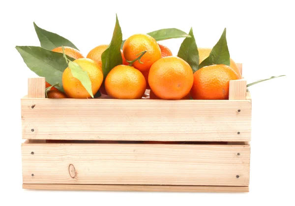 Tangerinas saborosas maduras com folhas em caixa de madeira isolada em branco — Fotografia de Stock