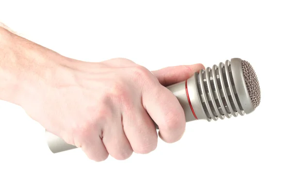 Λαμπερό φαιού χυτοσιδήρου μικρόφωνο στο χέρι που απομονώνονται σε λευκό — Φωτογραφία Αρχείου