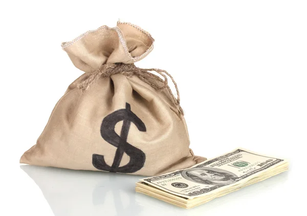 100 dolar faturaları üzerinde beyaz izole bir çanta içinde bir sürü — Stok fotoğraf