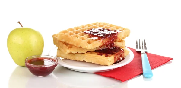 Tasty waffles with jam on plate isolated on white — Stock Photo, Image