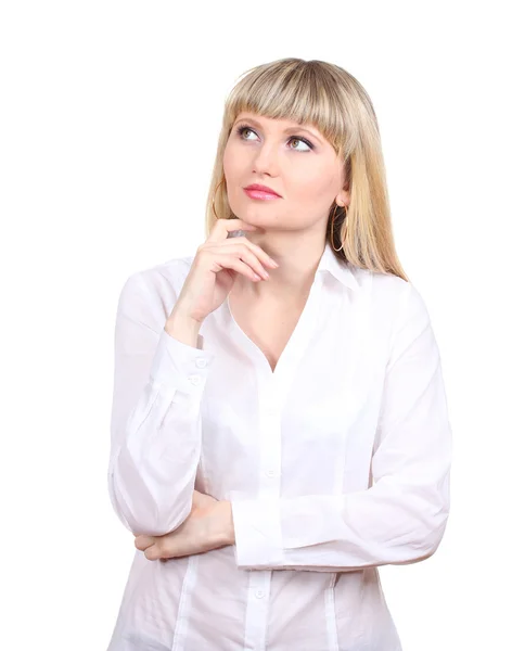 Nachdenkliche Geschäftsfrau isoliert auf Weiß — Stockfoto