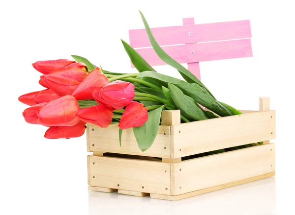 Beautiful tulips in crate isolated on white — Stock Photo, Image