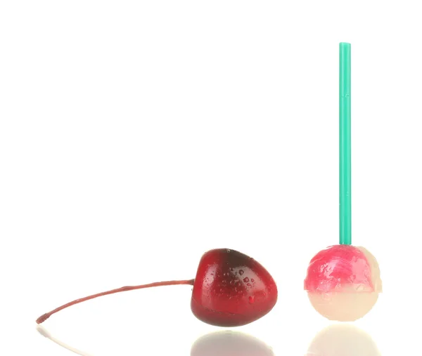Lollipop with a taste of cherries and cherry isolated on white — Stock Photo, Image