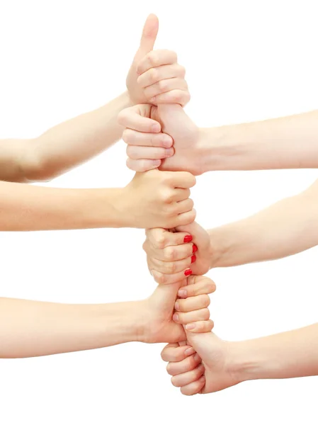Grupo de jovens 's mãos isoladas em branco — Fotografia de Stock