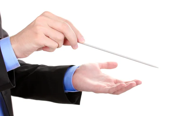 Dirigentenhände mit Schlagstock isoliert auf weiß — Stockfoto