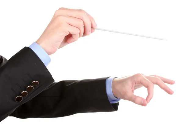 Музыкальный дирижер руки с дубинкой изолированы на белом — стоковое фото