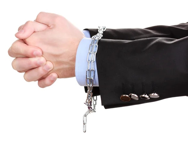 Businessman hands fettered with chain isolated on white — Stock Photo, Image