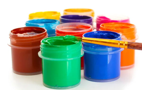 Jars with multicolored gouache on white background close-up — Stock Photo, Image