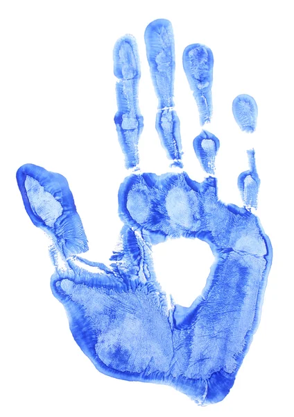 Ярко-синий отпечаток руки на белом фоне крупным планом — стоковое фото