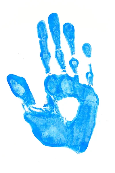 Ярко-синий отпечаток руки на белом фоне крупным планом — стоковое фото