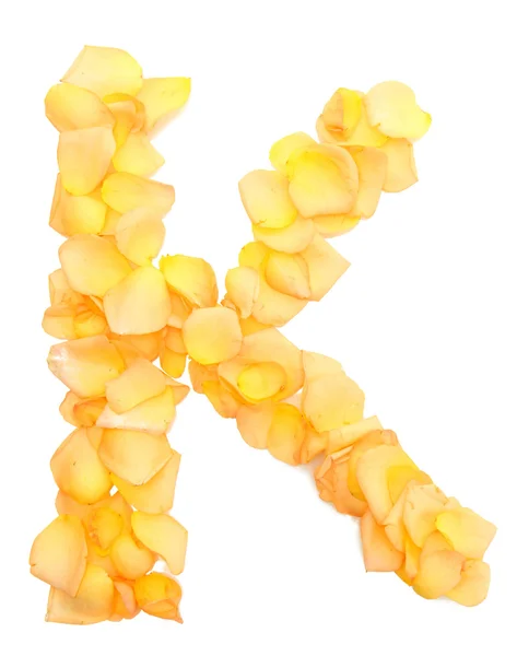 Pomarańczowe płatki róż, tworzące literę k, na białym tle — Zdjęcie stockowe