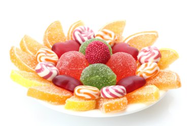 Colorful jelly candies on plate isolated on white clipart