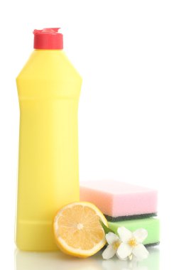 Dishwashing liquid with sponges and lemon with flowers isolated on white clipart