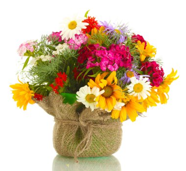 Beautiful bouquet of bright wildflowers in flowerpot, isolated on white clipart