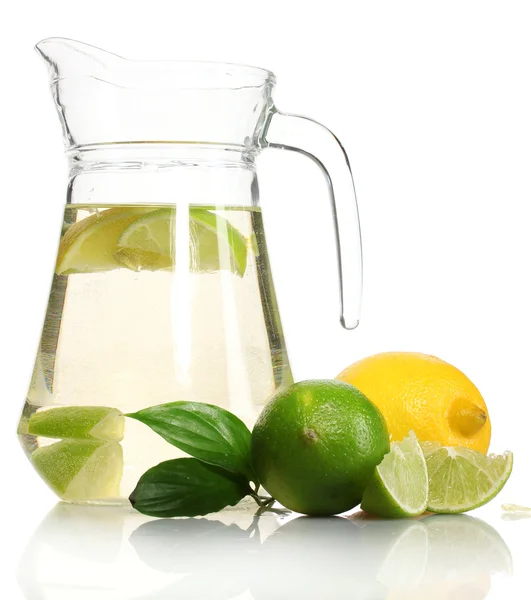 Pitcher of lemonade, lime and lemon isolated on white — Stock Photo, Image