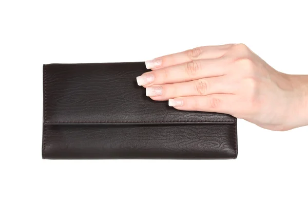 Жіночий гаманець в руці ізольований на білому — стокове фото
