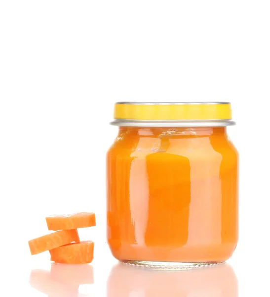 Jar of baby puree with carrot isolated on white — Stock Photo, Image