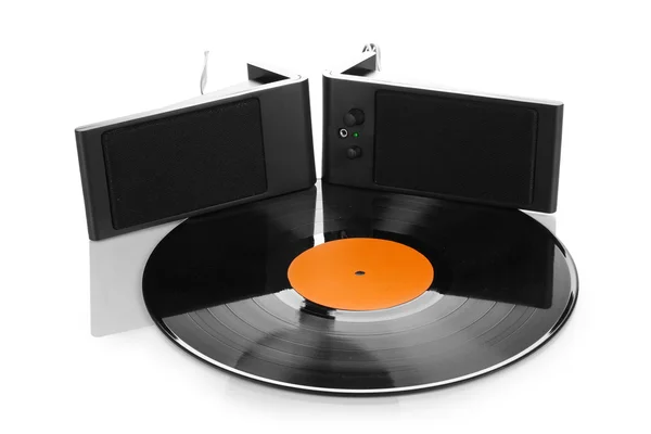 Disque vinyle noir et haut-parleurs isolés sur blanc — Photo