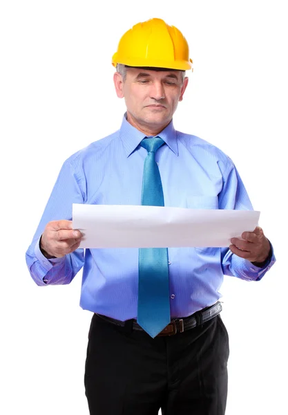 Man architect with helmet and draft isolated on white — Stock Photo, Image