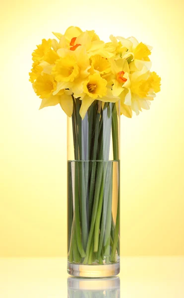 Vackra gula påskliljor i transparent vas på gul bakgrund — Stockfoto