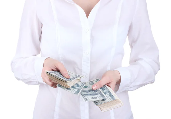 Αμερικανικά δολάρια σε ένα γυναίκες χέρια σε λευκό φόντο — Φωτογραφία Αρχείου