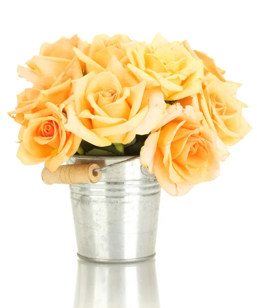 Beautiful bouquet of roses in bucket isolated on white — Stock Photo, Image