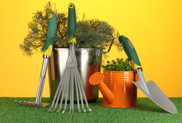 Herramientas de jardín en el césped sobre fondo colorido brillante de cerca —  Fotos de Stock