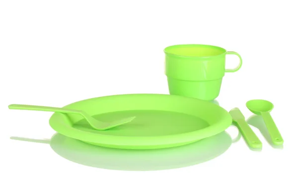 Jasne plastikowe naczynia jednorazowe na białym tle — Zdjęcie stockowe
