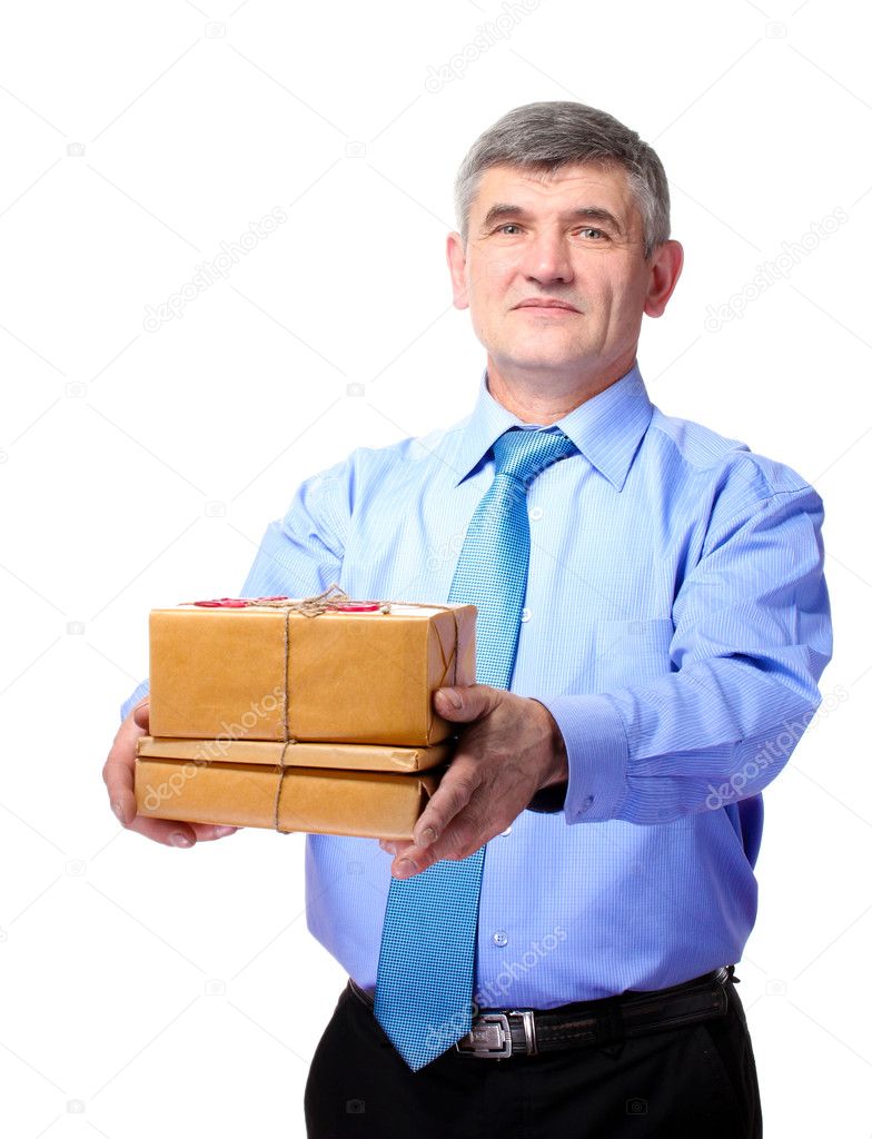 Businessman with parcels boxes isolated on white