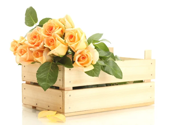 Piękny bukiet róż w drewniane pudełko na białym tle — Zdjęcie stockowe