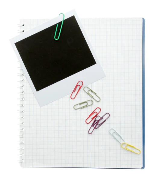 Papel fotográfico e caderno isolado em branco — Fotografia de Stock