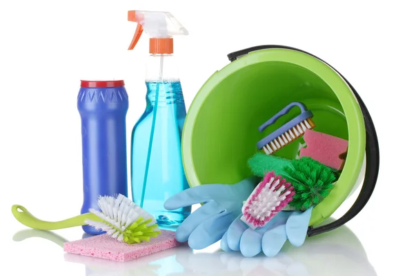 Composition of cleaning products with a bucket isolated on white — Stock Photo, Image
