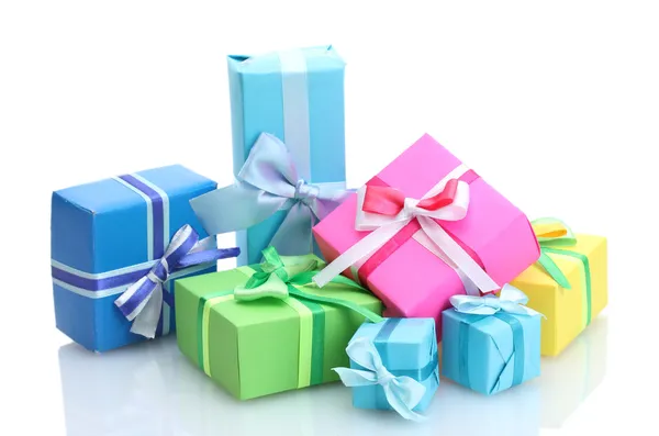 Bright gifts with bows isolated on white — Stock Photo, Image