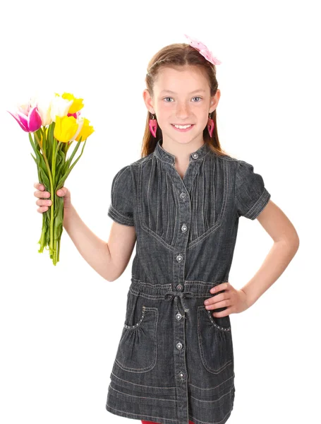 Portrait of beautiful little girl with tulips isolated on white — Stock Photo, Image