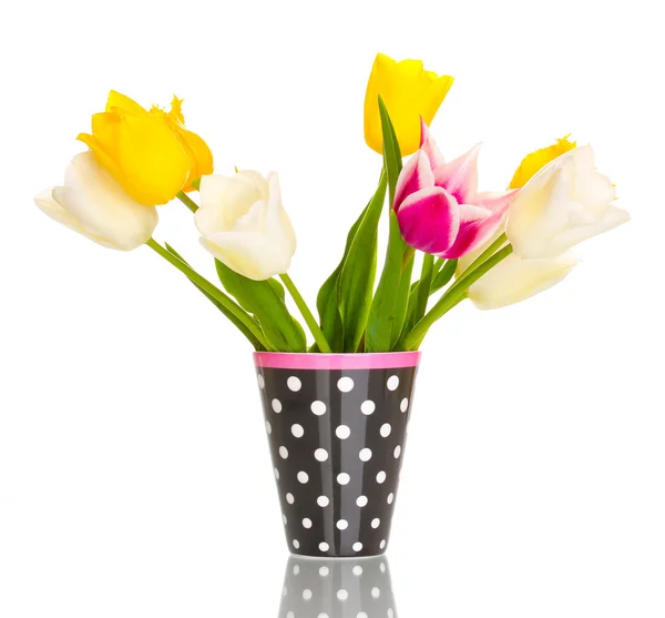 Beautiful tulips in vase isolated on white — Stock Photo, Image
