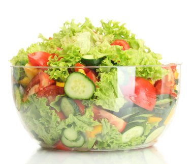 Fresh vegetable salad in transparent bowl isolated on white clipart