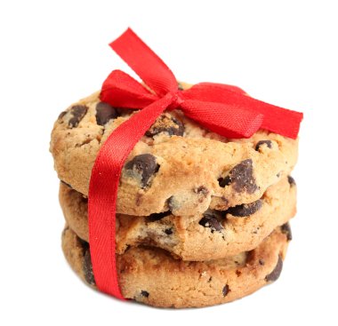 Chocolate chips cookies with red ribbon isolated on white clipart