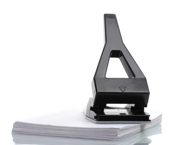 Black office hole punch with paper isolated on white — Stock Photo, Image