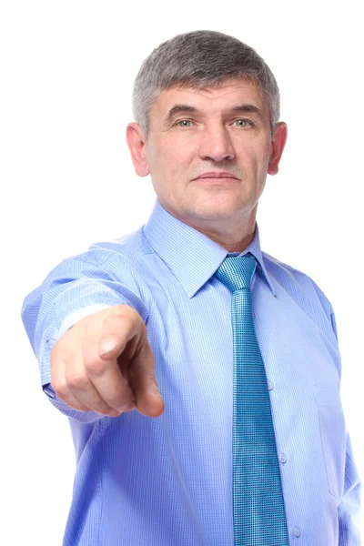 Uomo d'affari in camicia che punta con il dito isolato sul bianco — Foto Stock
